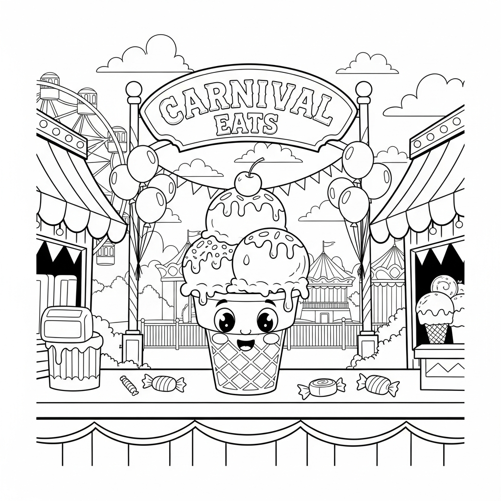 Fun Ice Cream Cone Coloring Page for Kids at Carnival Stand coloring page printable