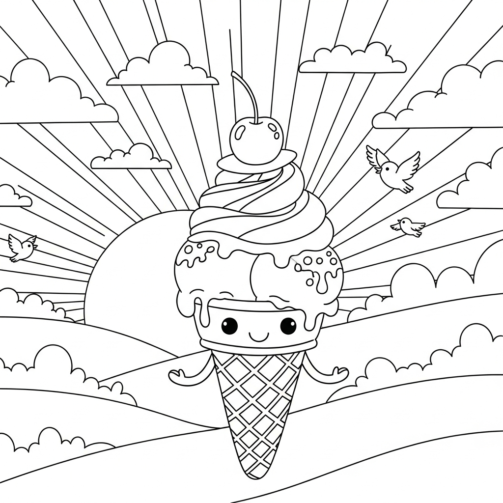 Page à Colorier : Cornet de Glace Dessiné Moyen avec Cerise sur le Dessus coloring page