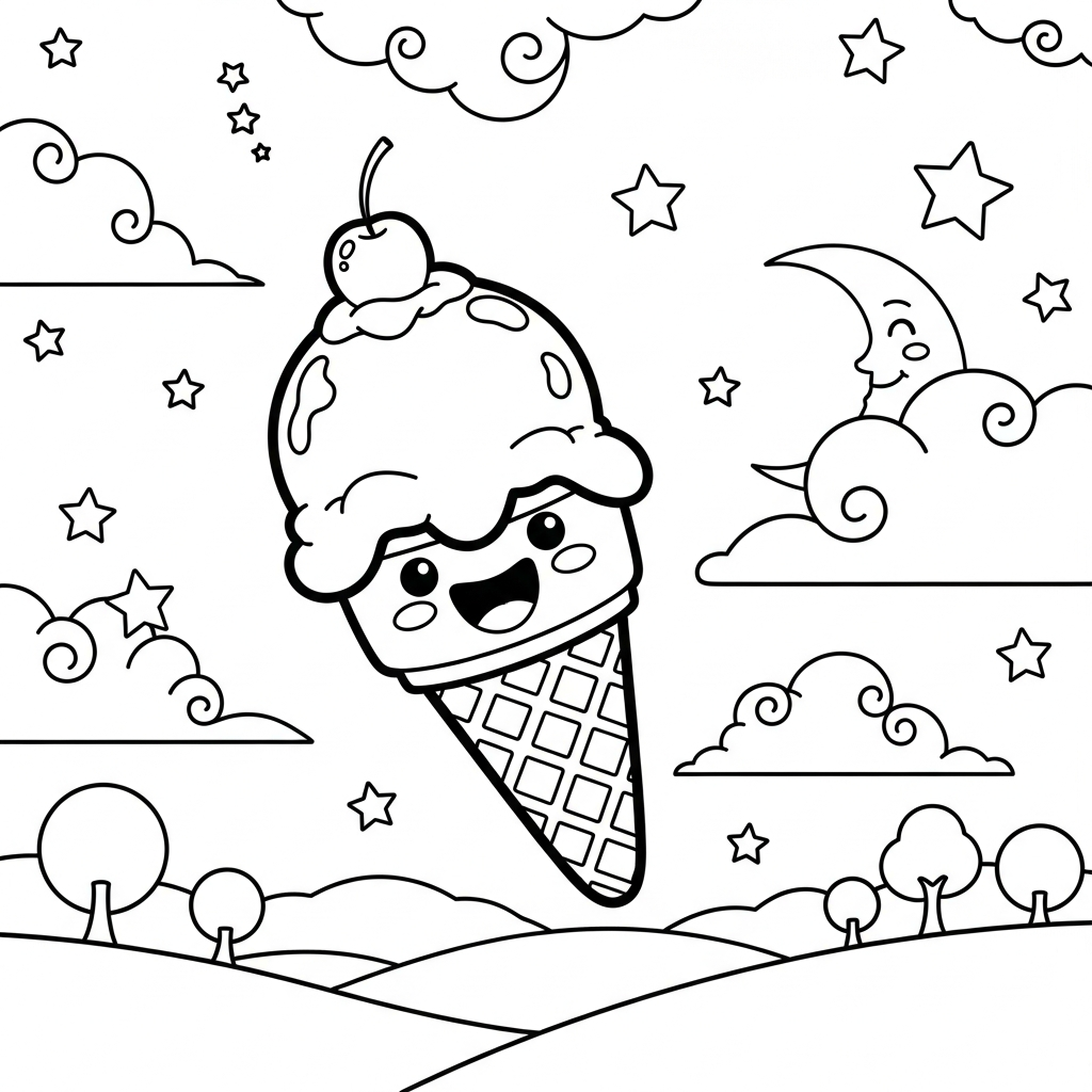 Medium Waffle Texture Cartoon Ice Cream Cone Coloring Page coloring page