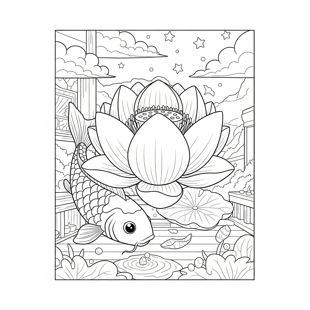 Page de Coloriage de Lotus en Dessin Animé et Poisson Koi de Taille Moyenne coloring page printable