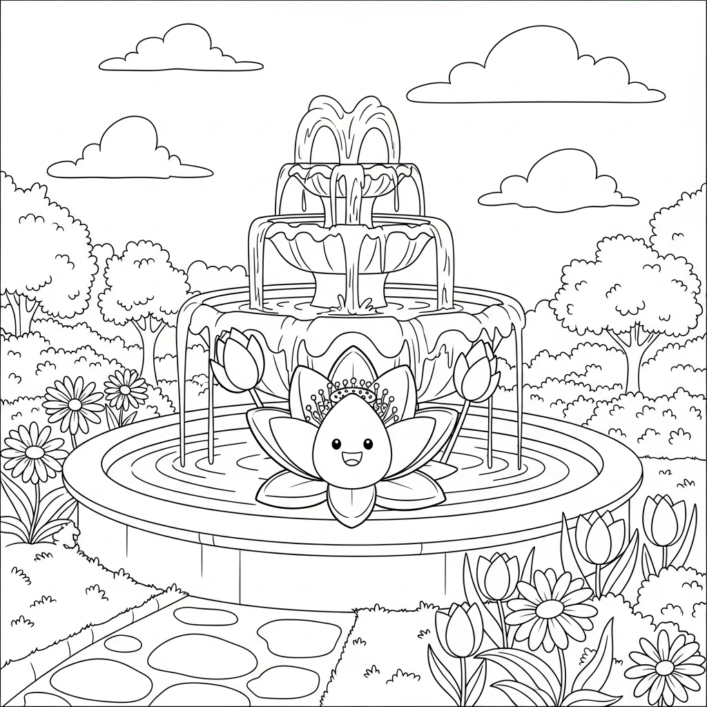 Page de Coloriage de Lotus de Dessin Animé Moyenne dans une Fontaine de Jardin coloring page printable