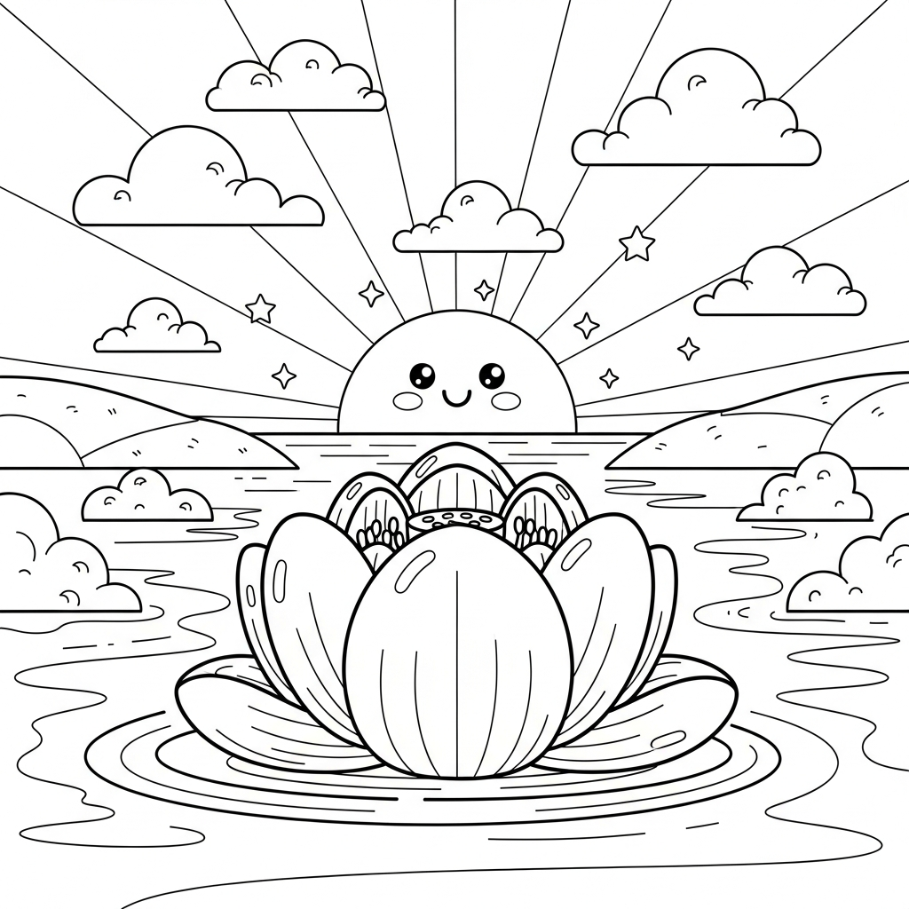 Charming Lotus Flower Coloring Page in Sunrise Water Scene coloring page