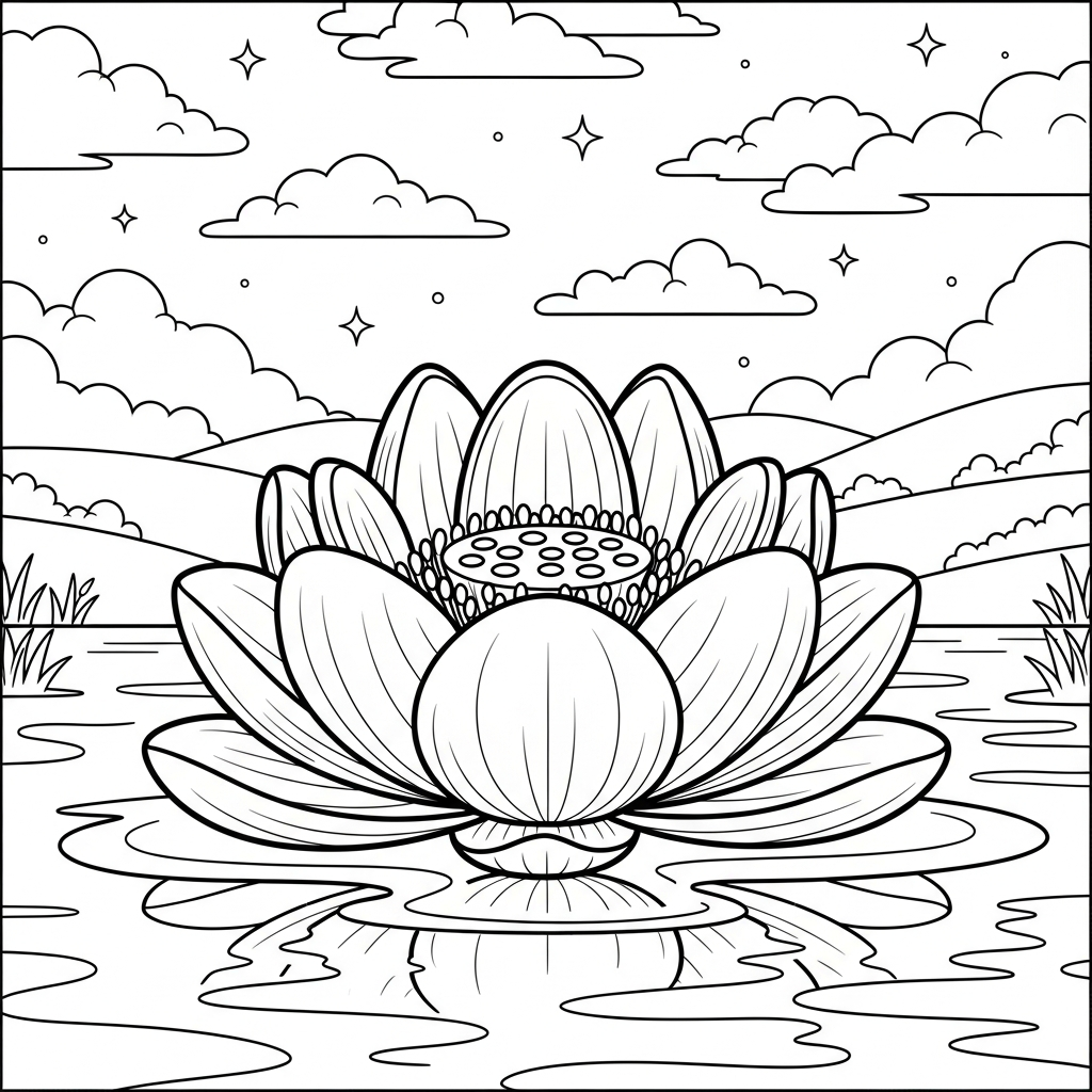 Page à Colorier : Lotus Dessin Cartoon sur un Lac Calme coloring page printable