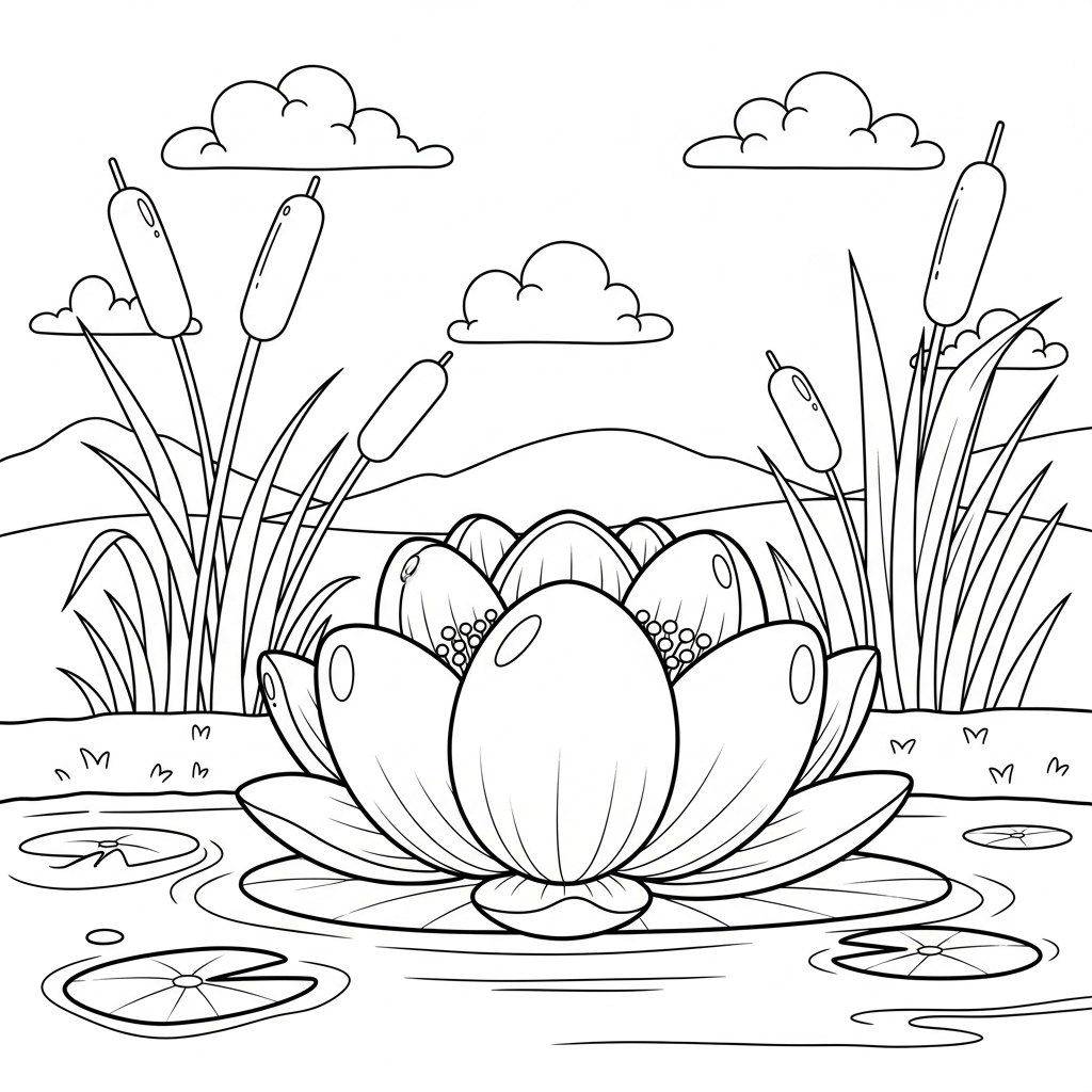 Page de Colorage - Fleur de Lotus Dessin Animé de Taille Moyenne Entourée de Roseaux coloring page printable