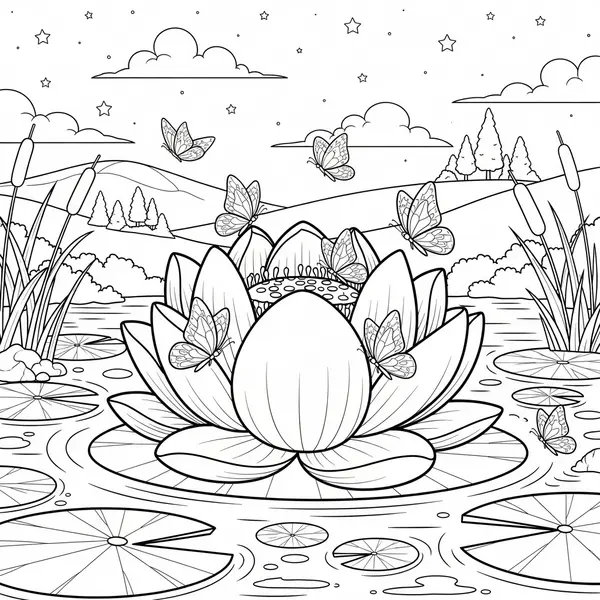 Page à colorier de lotus cartoon moyen avec des papillons coloring page printable