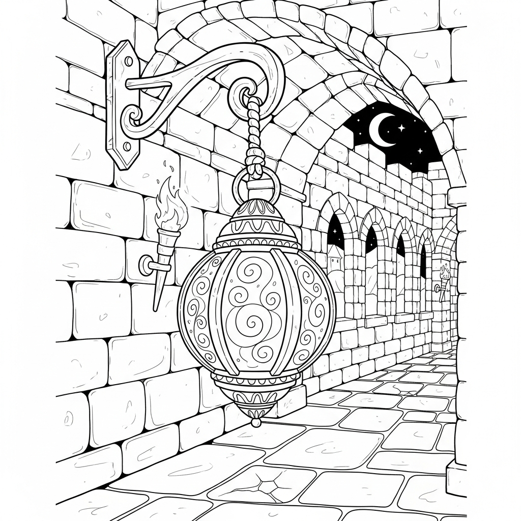 Medium Cartoon Magic Lantern Hanging In Castle Corridor Coloring Page coloring page printable