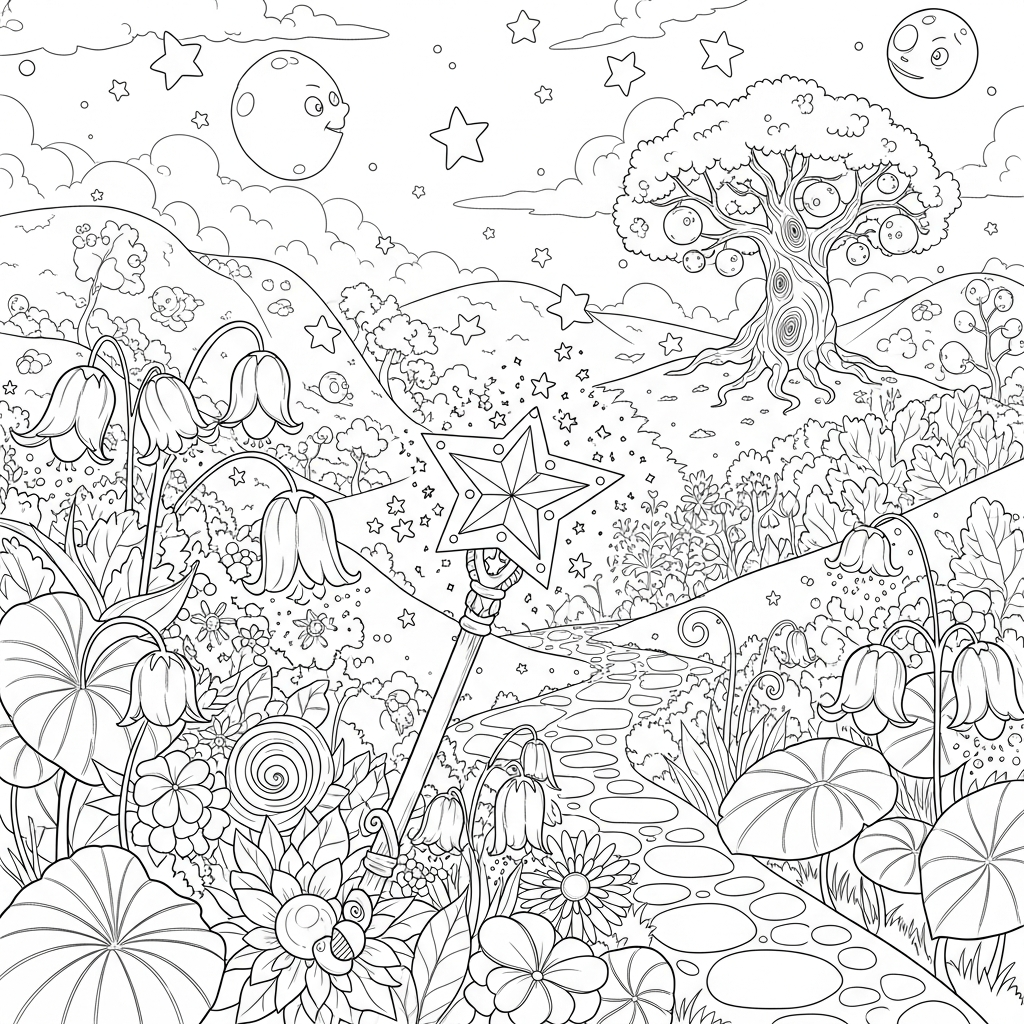 Middelgrote Cartoon Magische Tuin Met Toverstok En Bloemen Kleurplaat coloring page