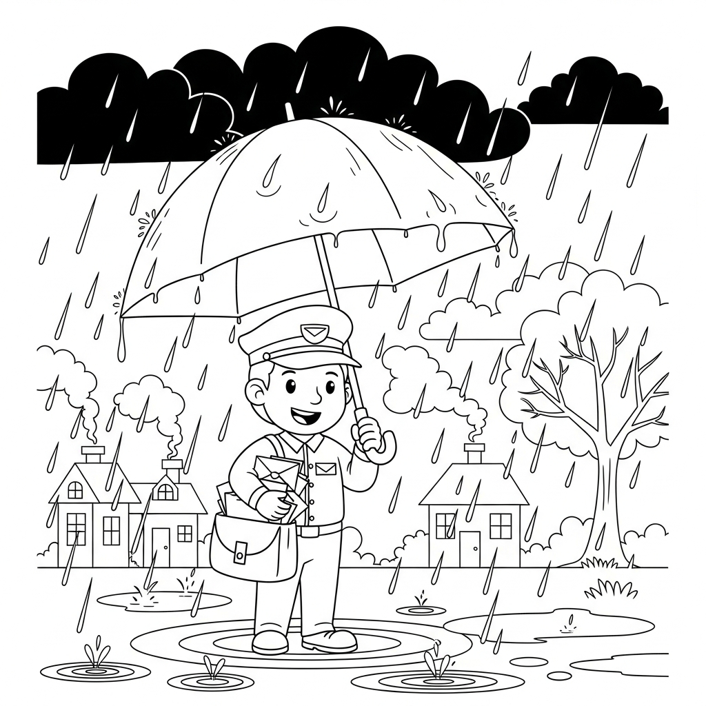 Página para Colorear: Cartero de Caricatura en un Día Lluvioso coloring page printable