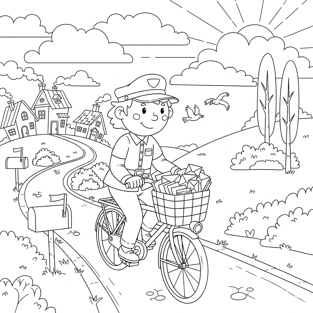 Coloring Page: Cartoon Mail Carrier Cycling coloring page