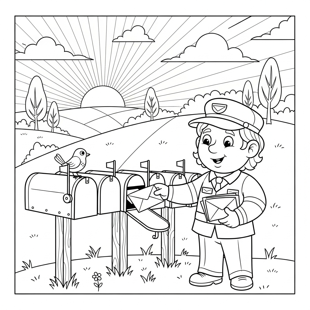 Pagina da Colorare: Portalettere Cartoon Medio Davanti a una Filiale di Cassetti Postali coloring page