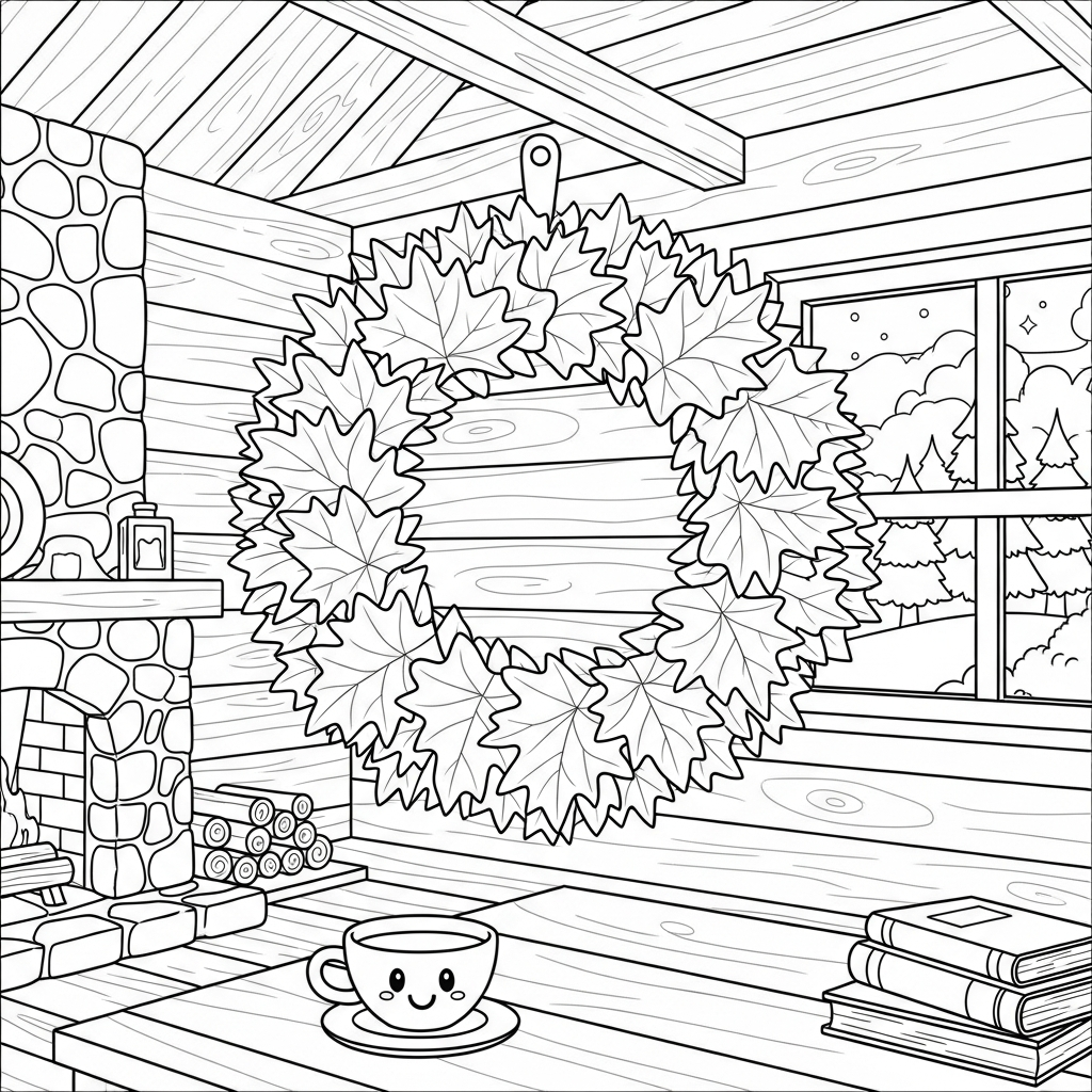 Medium Cartoon Maple Leaf Wreath In Forest Cabin Setting Coloring Page coloring page printable