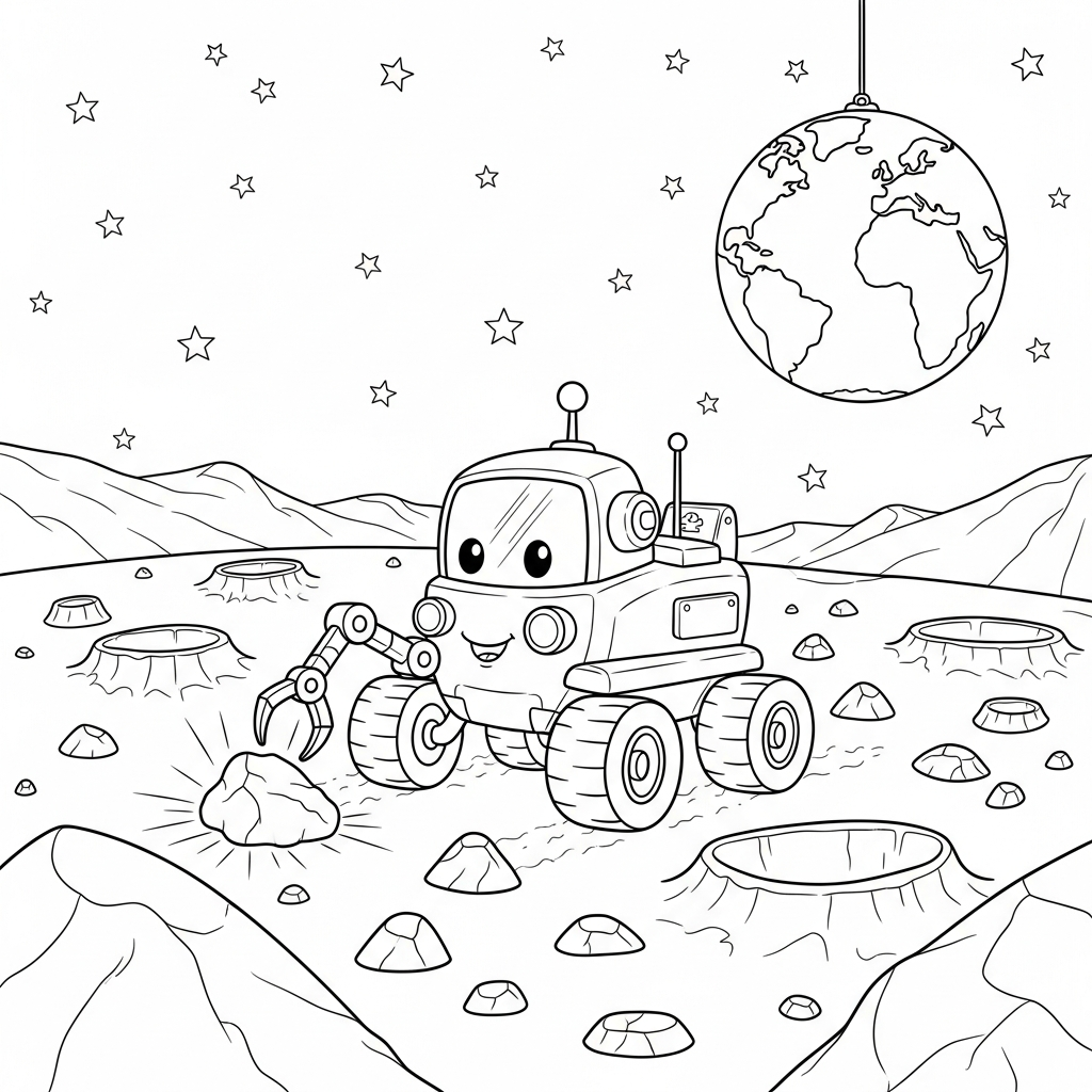 Fun Cartoon Moon Rover Coloring Page for Kids coloring page