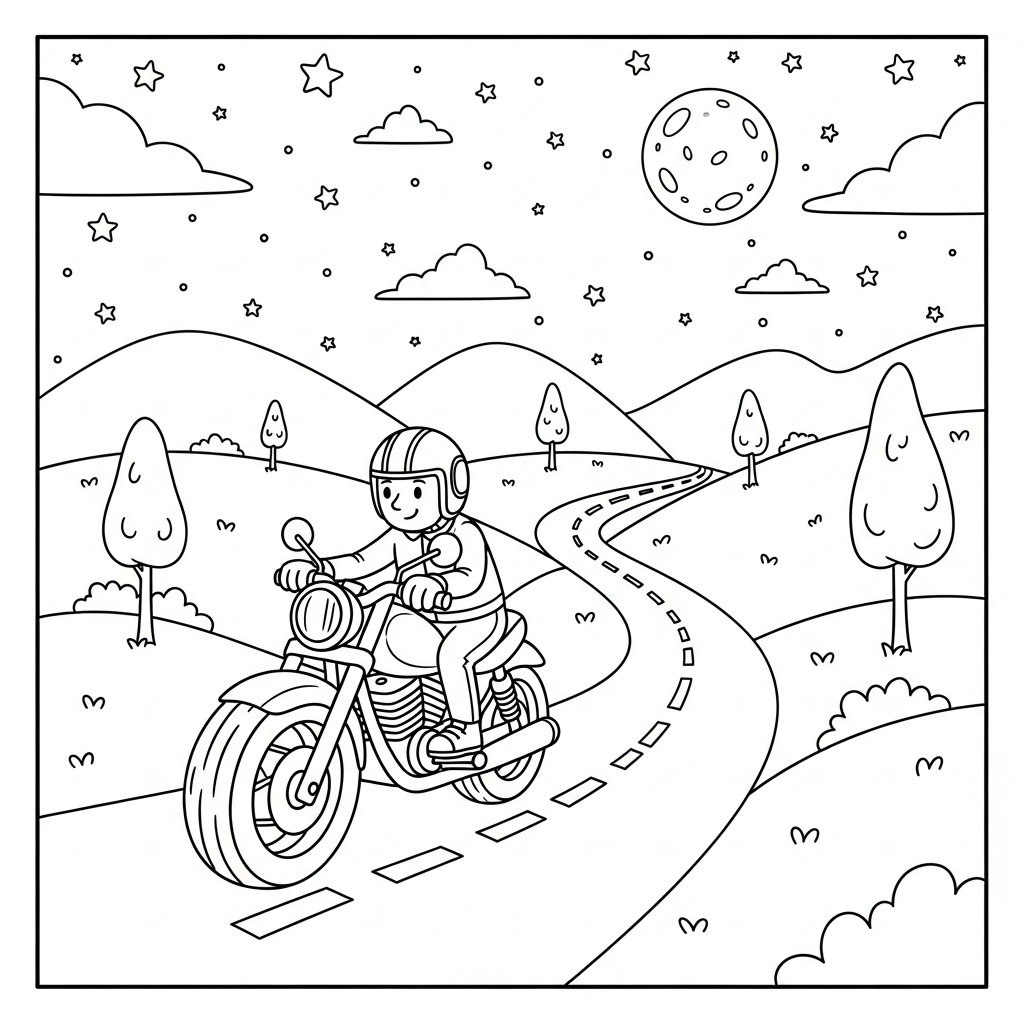 Medium Cartoon Motorcycle Rider On Winding Road Coloring Page coloring page printable