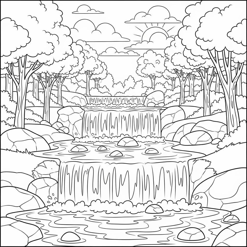 Charming Multi-Tier Waterfall Coloring Page for Kids coloring page