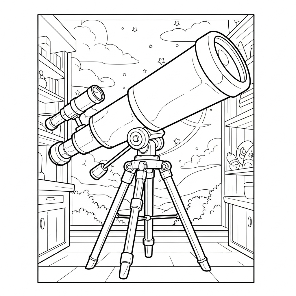 Pagina da Colorare: Telescopio Vintage in Cartoon con Treppiede coloring page