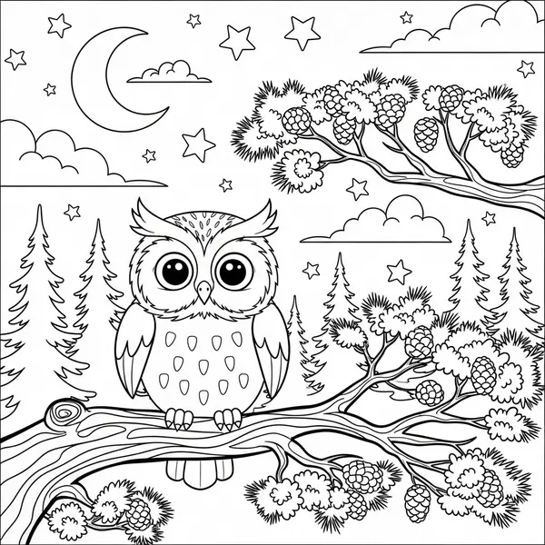 Medium Cartoon Owl Among Pine Trees Coloring Page coloring page printable