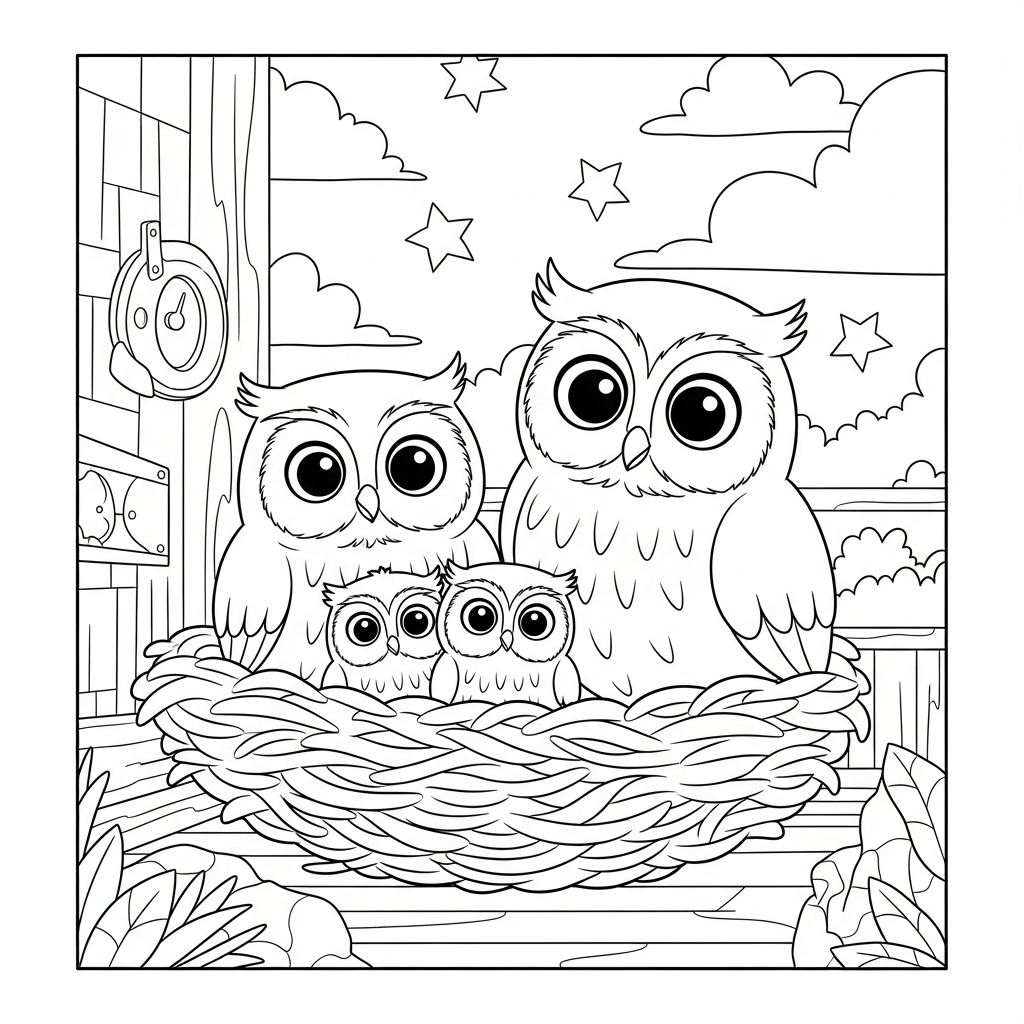 Medium Cartoon Owl Family Nest Coloring Page coloring page printable