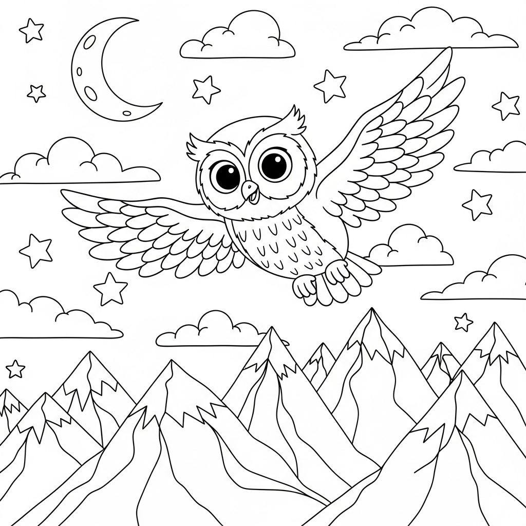 Medium Cartoon Owl Soaring Above Scenic Mountains Coloring Page coloring page printable