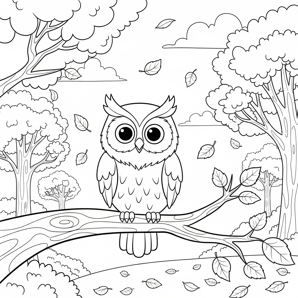 Medium Cartoon Owl In Autumn Woodland Coloring Page coloring page printable
