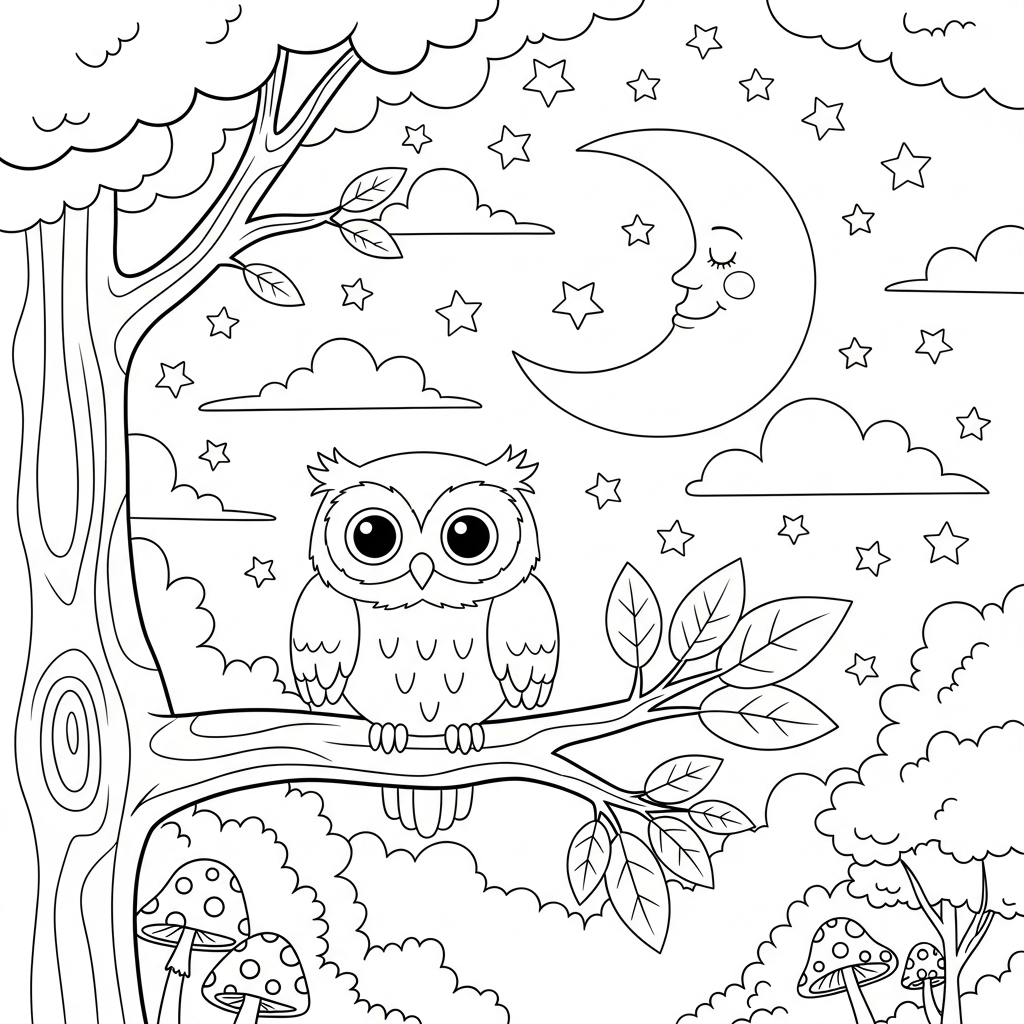 Charming Cartoon Owl in a Moonlit Forest Coloring Page coloring page printable