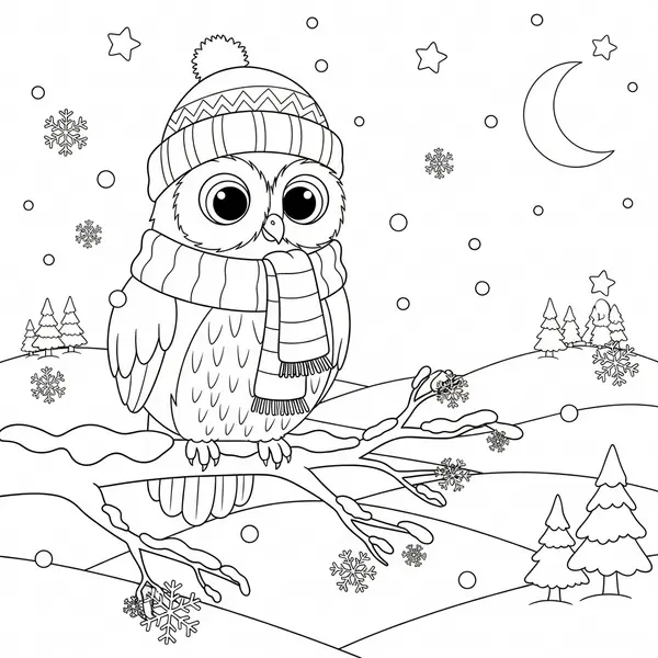 Mittelgroße Cartoon-Eule in verschneiter Winterlandschaft Malvorlage coloring page