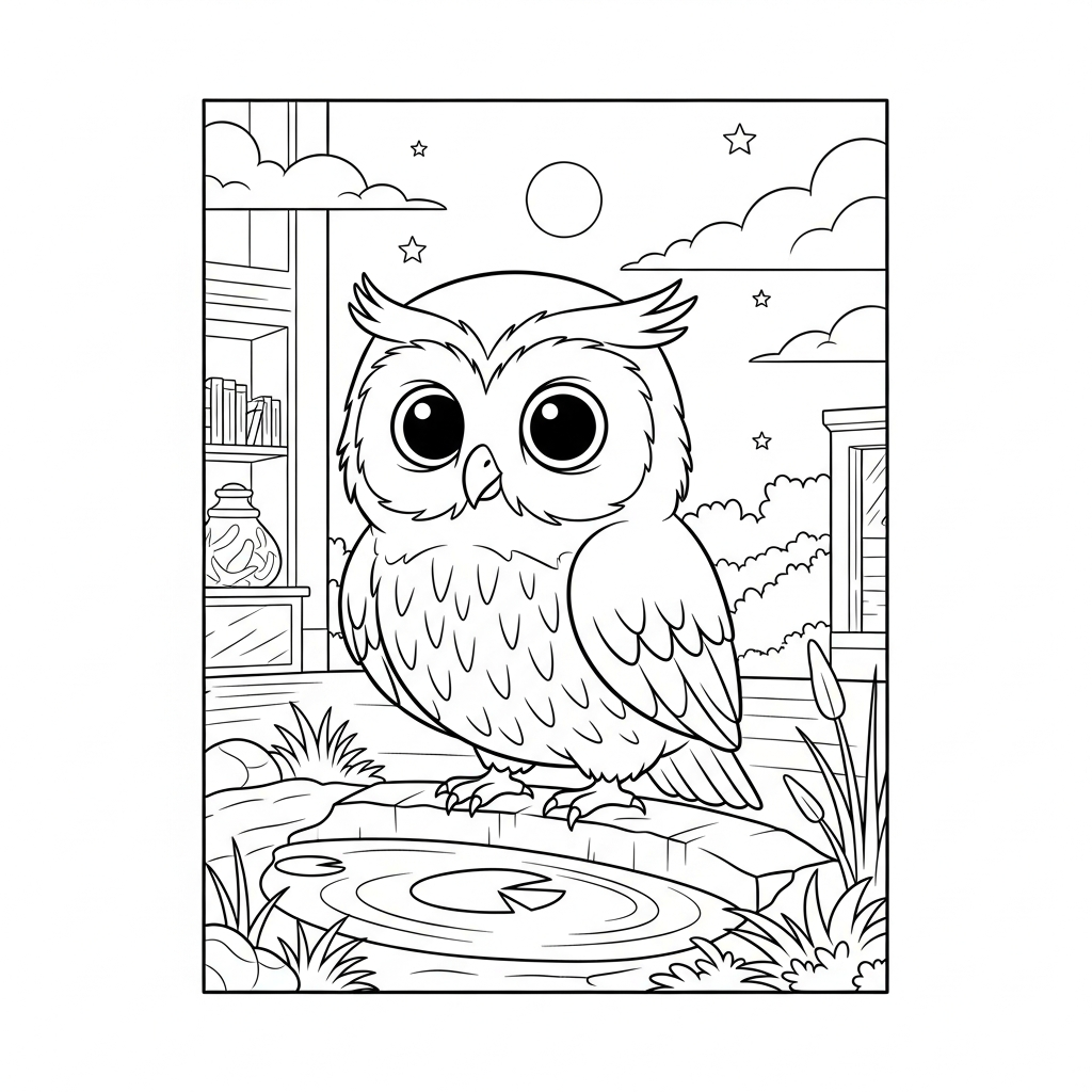 Charming Cartoon Owl by a Pond at Dusk Coloring Page coloring page printable