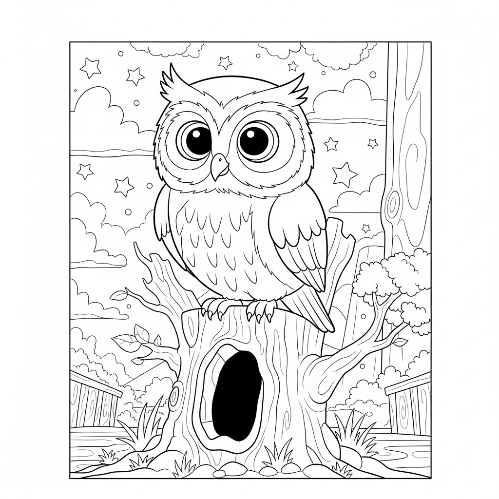 Charming Cartoon Owl on a Hollow Tree Coloring Page coloring page printable
