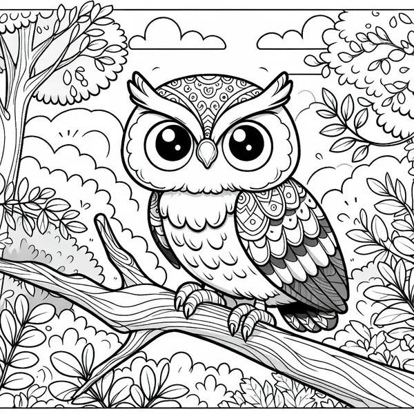 Medium Cartoon Owl Perched On Tree Branch Coloring Page coloring page printable