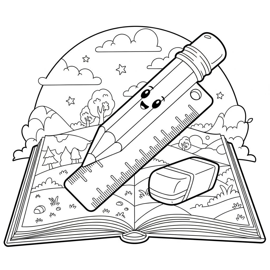 Medium Cartoon Pencil and Ruler Beside Eraser Coloring Page coloring page printable