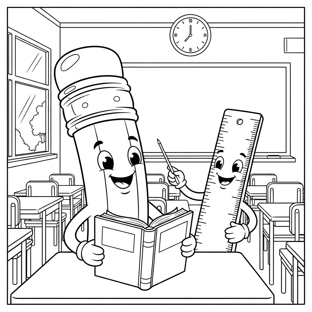 Fun Classroom Coloring Page with Cartoon Pencil and Ruler coloring page printable