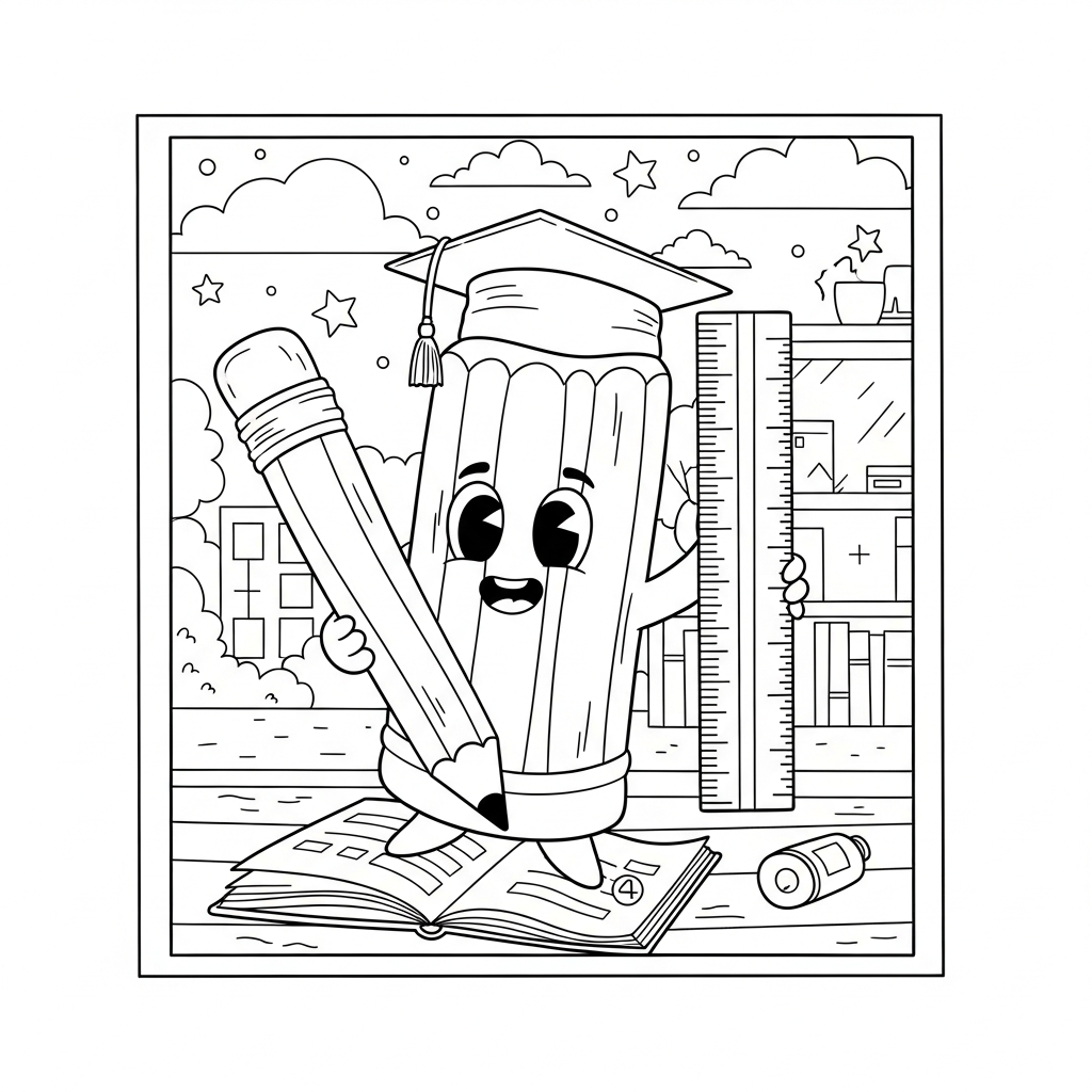 Fun Cartoon Pencil and Ruler Coloring Page for Math Lessons coloring page printable