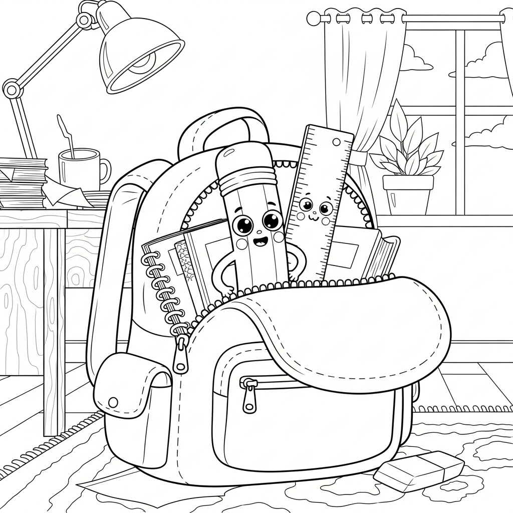 Fun Cartoon Pencil and Ruler Coloring Page for Kids coloring page printable