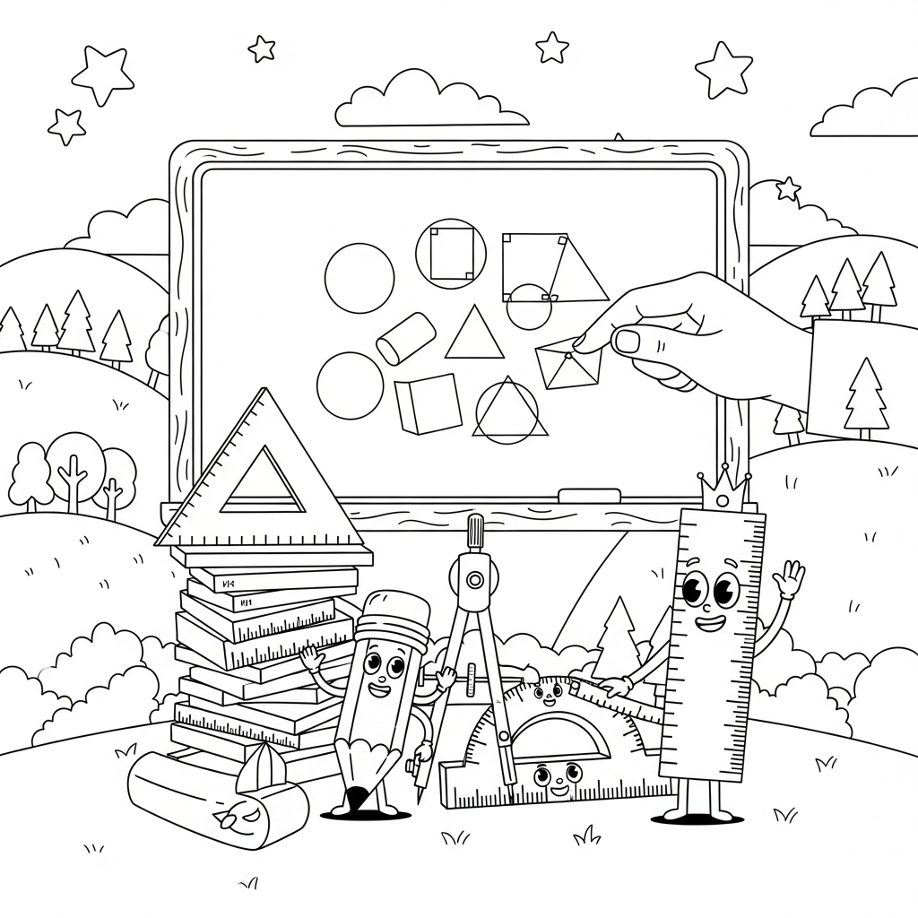Medium Cartoon Pencil And Ruler With Geometry Tools Coloring Page coloring page printable