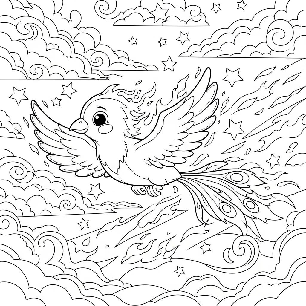 Colorful Cartoon Phoenix in a Fiery Sky Coloring Page coloring page