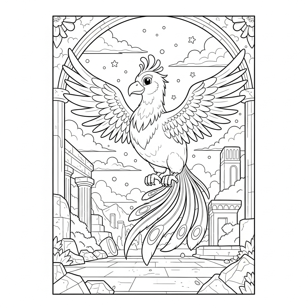 Disegno da Colorare: Fenice Cartone Medio Su Antiche Rovine coloring page