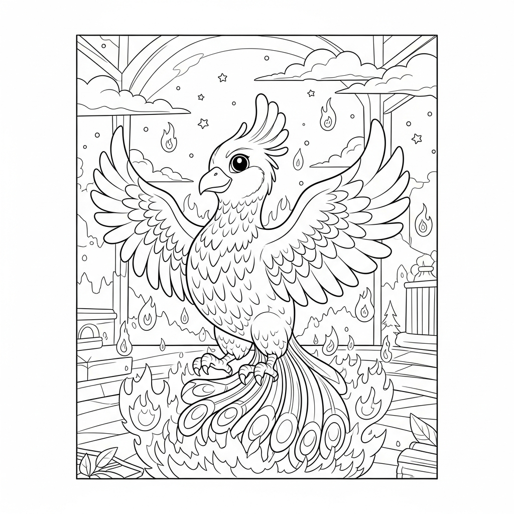 Coloring Page of a Medium Cartoon Phoenix Surrounded by Embers coloring page