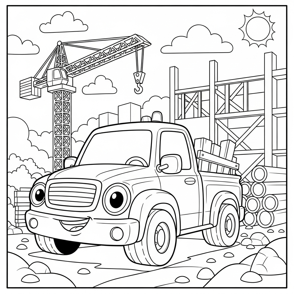 Fun Coloring Page: Cartoon Pickup Truck at a Construction Site coloring page