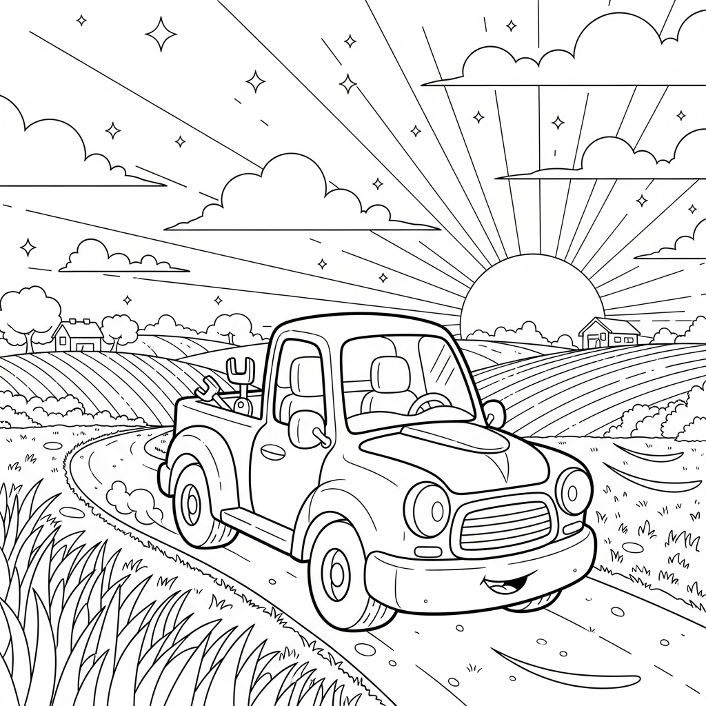 Disegno da Colorare di un Pickup Cartoon Medio al Tramonto in Campagna coloring page