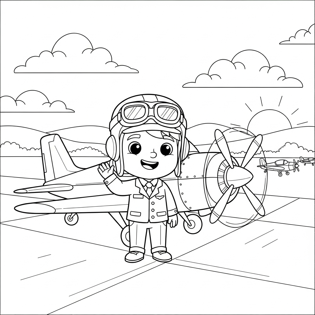 Página para Colorear de Piloto de Caricatura y Avión en la Pista coloring page printable