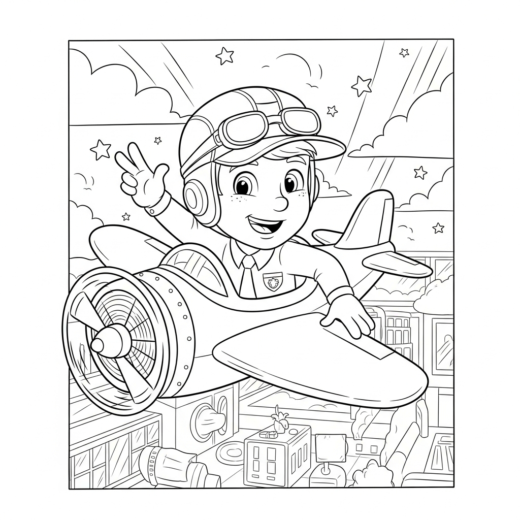 Página para Colorear de Piloto de Caricatura Volando un Avión de Dificultad Media coloring page