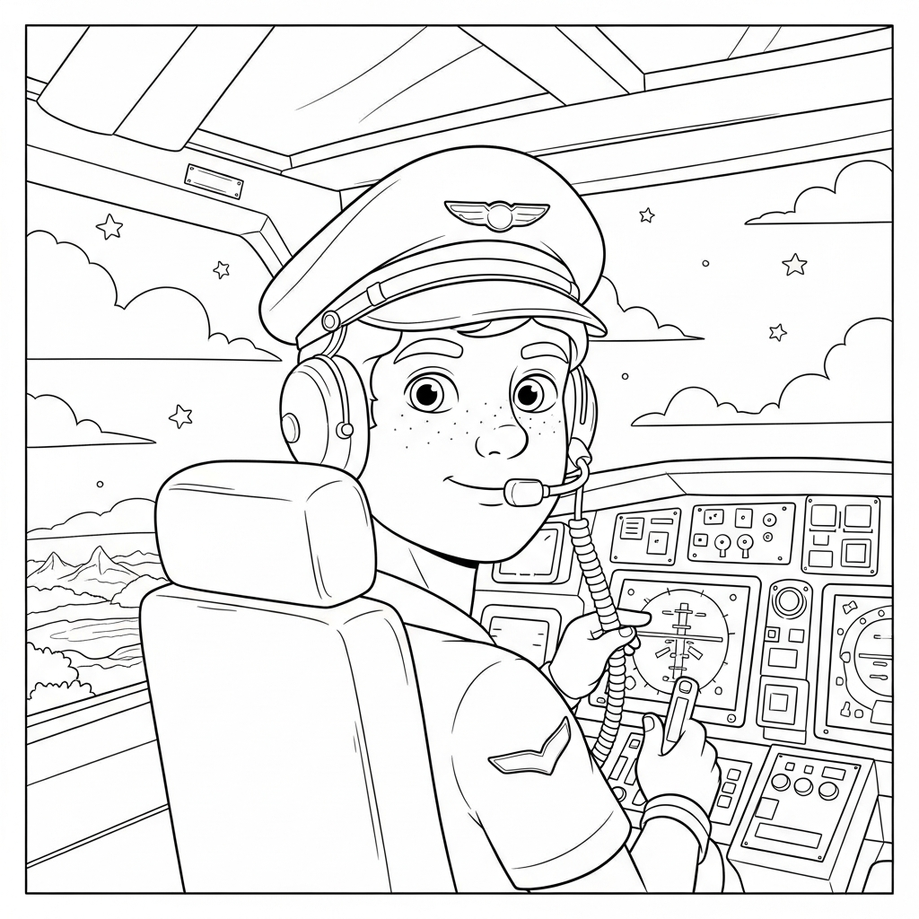 Pagina da Colorare: Pilota Cartoon di Media Dimensione nel Cockpit - Divertente per Bambini coloring page