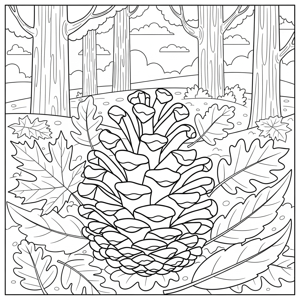 Pagina da Colorare: Pigna Cartone Medio tra Foglie Cadute coloring page
