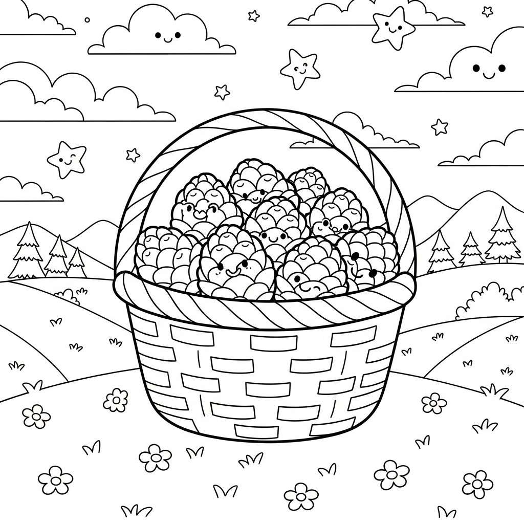 Mittelgroße Cartoon-Tannenzapfenkorb Ausmalbild coloring page
