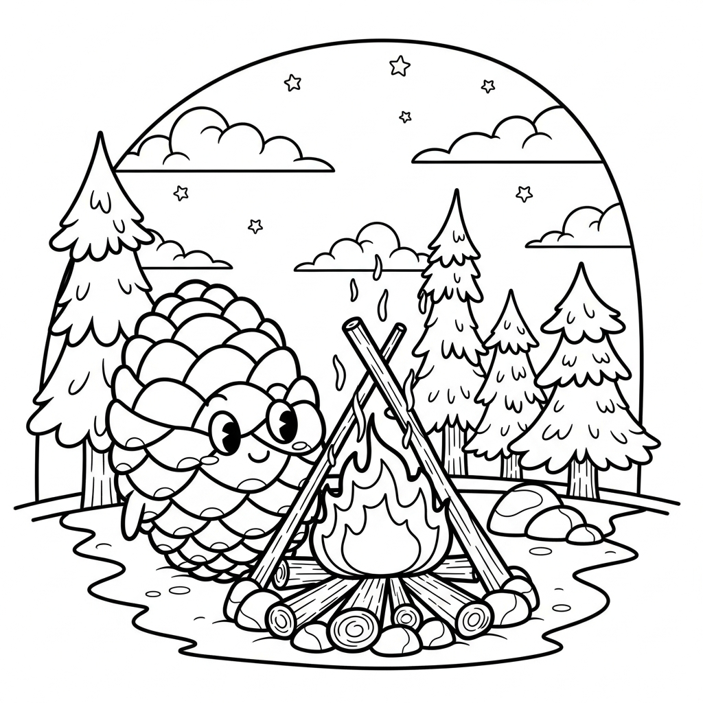 Pagina da Colorare: Pigna Cartoon Media Accanto al Falò coloring page