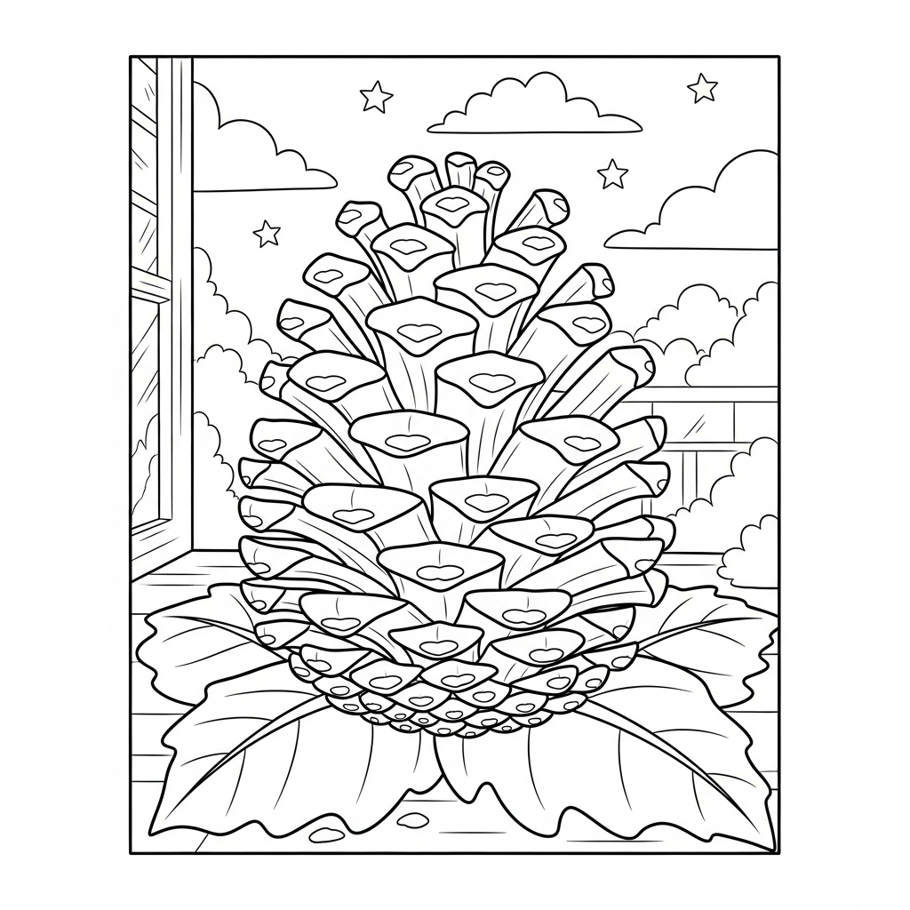 Fun Autumn Leaves Coloring Page with Cartoon Pine Cone coloring page