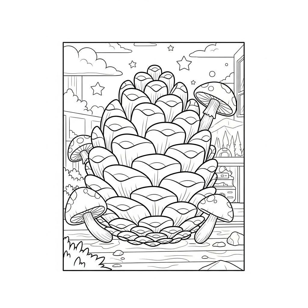 Fun Medium Cartoon Pine Cone Coloring Page with Mushrooms - Perfect for All Ages coloring page