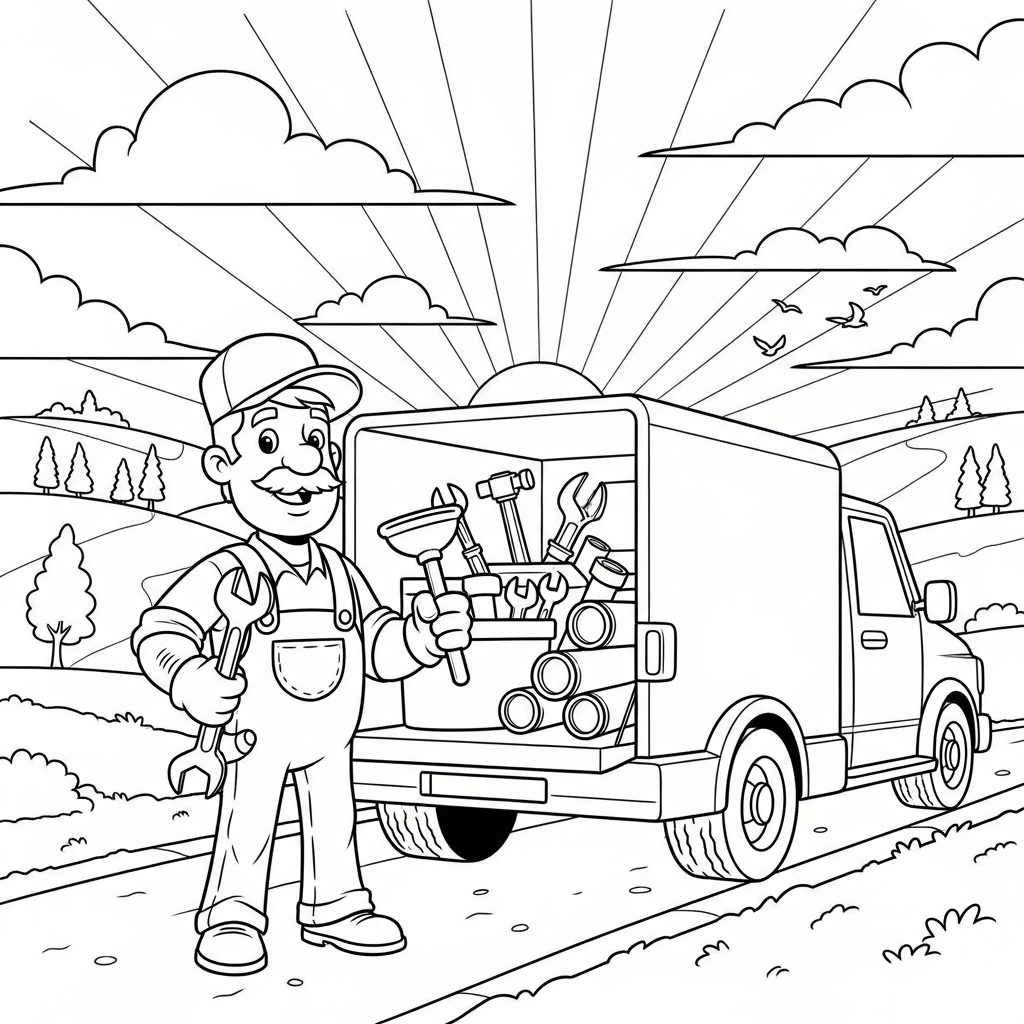 Medium Cartoon Plumber with Tools at Work Truck Coloring Page coloring page
