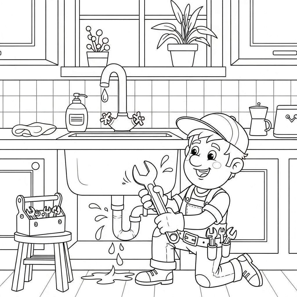 Página para Colorear de un Fontanero de Caricaturas Arreglando un Fregadero coloring page