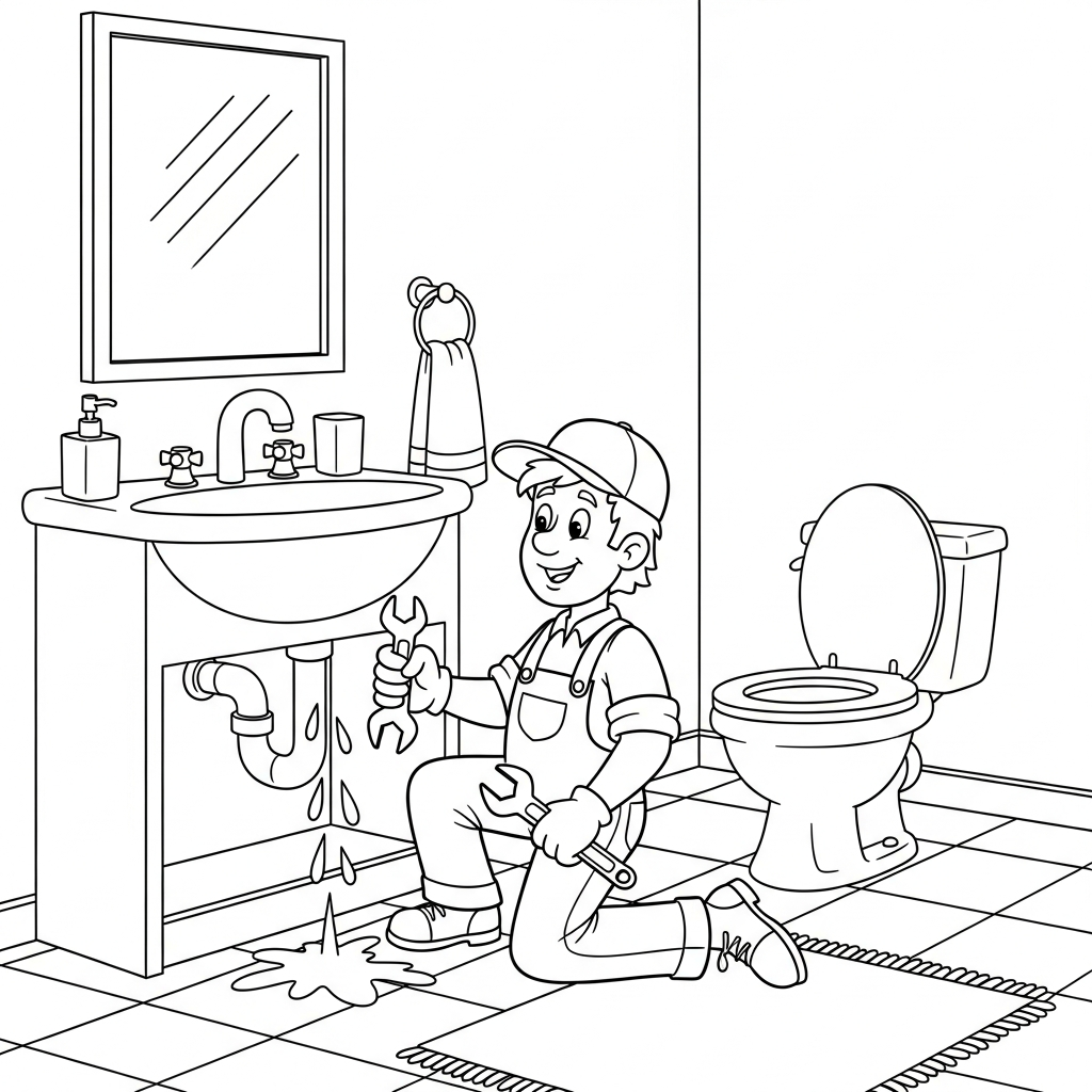 Página para Colorear: Fontanero de Dibujos Animados Reparando una Tubería del Baño coloring page