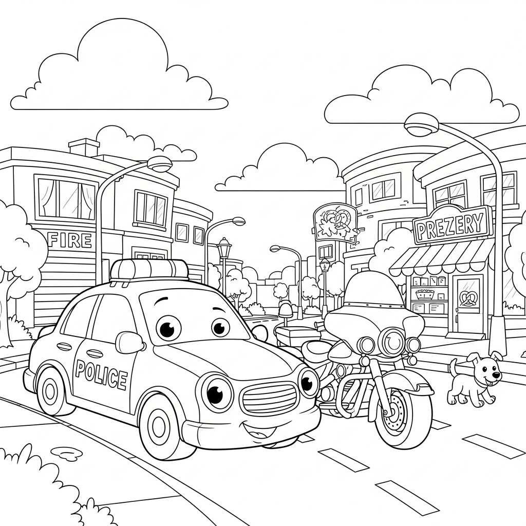 Fun Cartoon Police Car and Motorcycle Coloring Page coloring page printable